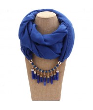 Waterdrops Tassel and Beads Decorated Solid Color Cotton Women Scarf Necklace - Royal Blue