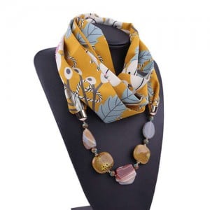 Gem and Stone Embellished Folk Style Autumn and Winter Fashion Women Chiffon Scarf Necklace - Yellow