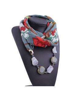 Gem and Stone Embellished Folk Style Autumn and Winter Fashion Women Chiffon Scarf Necklace - Gray