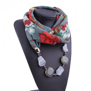 Gem and Stone Embellished Folk Style Autumn and Winter Fashion Women Chiffon Scarf Necklace - Gray
