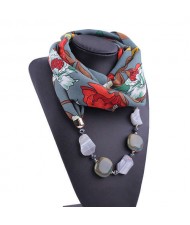 Gem and Stone Embellished Folk Style Autumn and Winter Fashion Women Chiffon Scarf Necklace - Gray