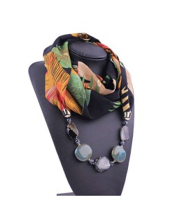 Gem and Stone Embellished Folk Style Autumn and Winter Fashion Women Chiffon Scarf Necklace - Black