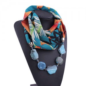 Gem and Stone Embellished Folk Style Autumn and Winter Fashion Women Chiffon Scarf Necklace - Blue