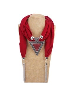 Resin Gem Inlaid Vintage Triangle Pendant High Fashion Women Scarf Necklace - Red