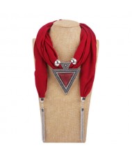 Resin Gem Inlaid Vintage Triangle Pendant High Fashion Women Scarf Necklace - Red