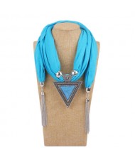 Resin Gem Inlaid Vintage Triangle Pendant High Fashion Women Scarf Necklace - Sky Blue