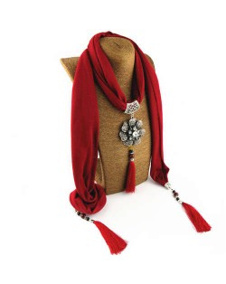 Rhinestone Flower Pendant Tassel Design Vintage Fashion Women Scarf Necklace - Red