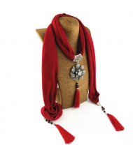 Rhinestone Flower Pendant Tassel Design Vintage Fashion Women Scarf Necklace - Red