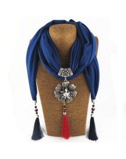 Rhinestone Flower Pendant Tassel Design Vintage Fashion Women Scarf Necklace - Blue