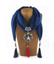 Rhinestone Flower Pendant Tassel Design Vintage Fashion Women Scarf Necklace - Blue