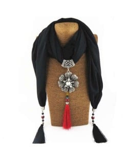 Rhinestone Flower Pendant Tassel Design Vintage Fashion Women Scarf Necklace - Black