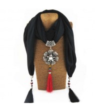 Rhinestone Flower Pendant Tassel Design Vintage Fashion Women Scarf Necklace - Black
