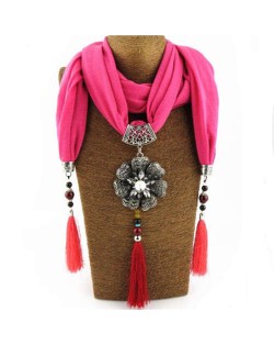 Rhinestone Flower Pendant Tassel Design Vintage Fashion Women Scarf Necklace - Rose