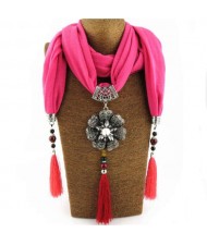 Rhinestone Flower Pendant Tassel Design Vintage Fashion Women Scarf Necklace - Rose