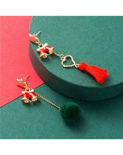 Red Bell with Tassel Design Christmas Fashion Asymmetric Women Alloy Earrings