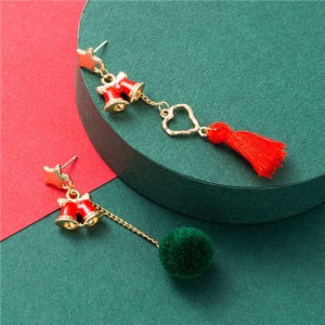 Red Bell with Tassel Design Christmas Fashion Asymmetric Women Alloy Earrings