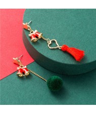 Red Bell with Tassel Design Christmas Fashion Asymmetric Women Alloy Earrings