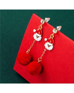 Red Fluffy Ball and Artificial Pearl Tassel Santa Claus Christmas Fashion Women Alloy Earrings