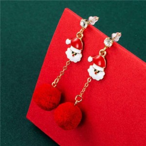 Red Fluffy Ball and Artificial Pearl Tassel Santa Claus Christmas Fashion Women Alloy Earrings