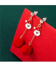 Red Fluffy Ball and Artificial Pearl Tassel Santa Claus Christmas Fashion Women Alloy Earrings
