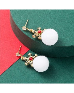 Creative Snowflake White Fluffy Ball Christmas Fashion Women Stud Earrings