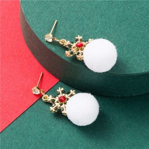 Creative Snowflake White Fluffy Ball Christmas Fashion Women Stud Earrings