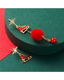 Ice Skates with Red Fluffy Ball Tassel Design Christmas Fashion Asymmetric Alloy Women Earrings