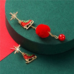 Ice Skates with Red Fluffy Ball Tassel Design Christmas Fashion Asymmetric Alloy Women Earrings