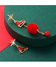 Ice Skates with Red Fluffy Ball Tassel Design Christmas Fashion Asymmetric Alloy Women Earrings