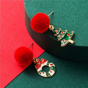 Christmas Tree and Floral Hoop High Fashion Asymmetric Enamel Women Alloy Earrings