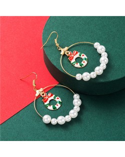 Christmas Tree Inlaid Pearl Decorated Big Hoop Fashion Women Alloy Earrings