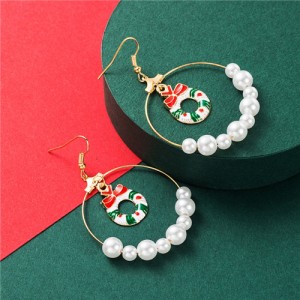 Christmas Tree Inlaid Pearl Decorated Big Hoop Fashion Women Alloy Earrings