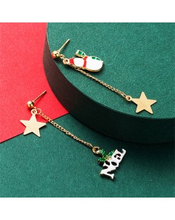 Christmas Tree and Golden Stars Asymmetric Women Alloy Earrings