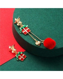 Love Theme Gifts and Red Fluffy Ball Asymmetric Design Women Enamel Fashion Earrings