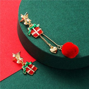 Love Theme Gifts and Red Fluffy Ball Asymmetric Design Women Enamel Fashion Earrings