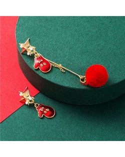 Christmas Gloves and Red Fluffy Ball Asymmetric Design Women Fashion Earrings