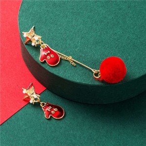 Christmas Gloves and Red Fluffy Ball Asymmetric Design Women Fashion Earrings