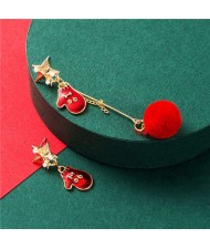 Christmas Gloves and Red Fluffy Ball Asymmetric Design Women Fashion Earrings