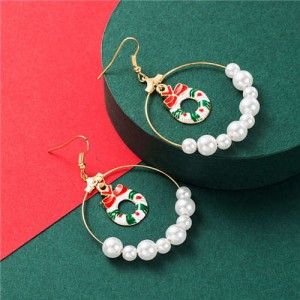 Christmas Floral Hoop Inlaid Big Pearl Hoop High Fashion Women Earrings