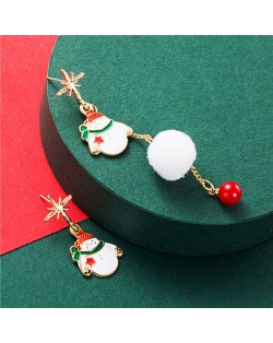 Snowman with White Fluffy Ball Asymmetric Tassel Design Women Fashion Earrings