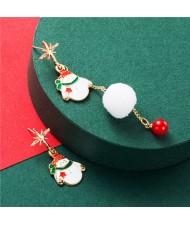 Snowman with White Fluffy Ball Asymmetric Tassel Design Women Fashion Earrings