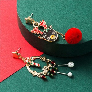 Elk and Christmas Floral Hoop Asymmetric Design High Fashion Women Alloy Earrings