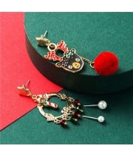 Elk and Christmas Floral Hoop Asymmetric Design High Fashion Women Alloy Earrings