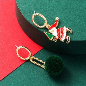 Santa Claus and Golden Hoop Christmas Fashion Asymmetric Design Women Alloy Earrings