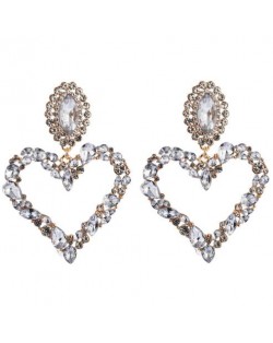 Stunningly Beautiful Big Rhinestone Heart Hoop Style Women Fashion Costume Earrings - White