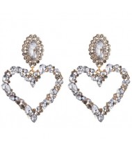 Stunningly Beautiful Big Rhinestone Heart Hoop Style Women Fashion Costume Earrings - White