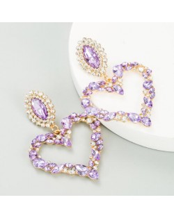 Stunningly Beautiful Big Rhinestone Heart Hoop Style Women Fashion Costume Earrings - Violet