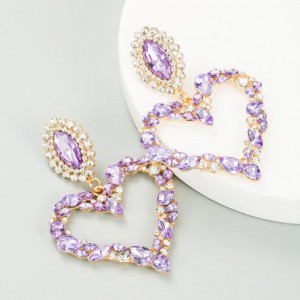 Stunningly Beautiful Big Rhinestone Heart Hoop Style Women Fashion Costume Earrings - Violet