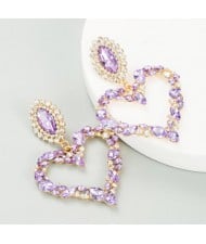 Stunningly Beautiful Big Rhinestone Heart Hoop Style Women Fashion Costume Earrings - Violet