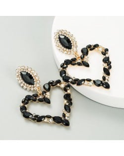 Stunningly Beautiful Big Rhinestone Heart Hoop Style Women Fashion Costume Earrings - Black